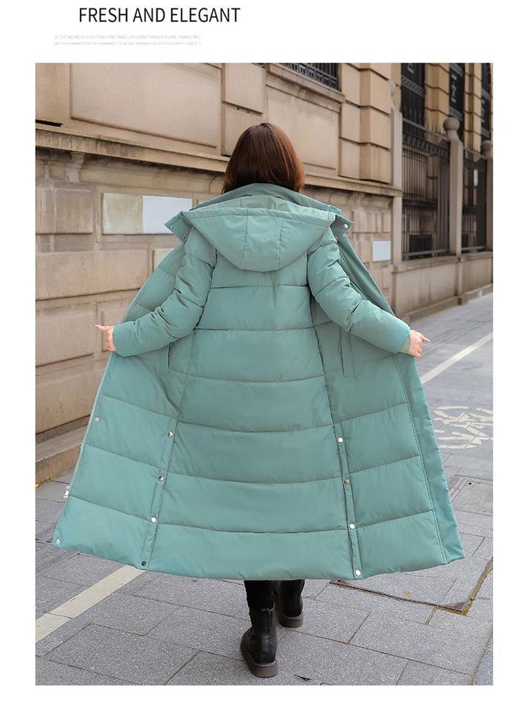Dámský zateplený zimní péřový kabát v korejském stylu dlouhý nad kolena