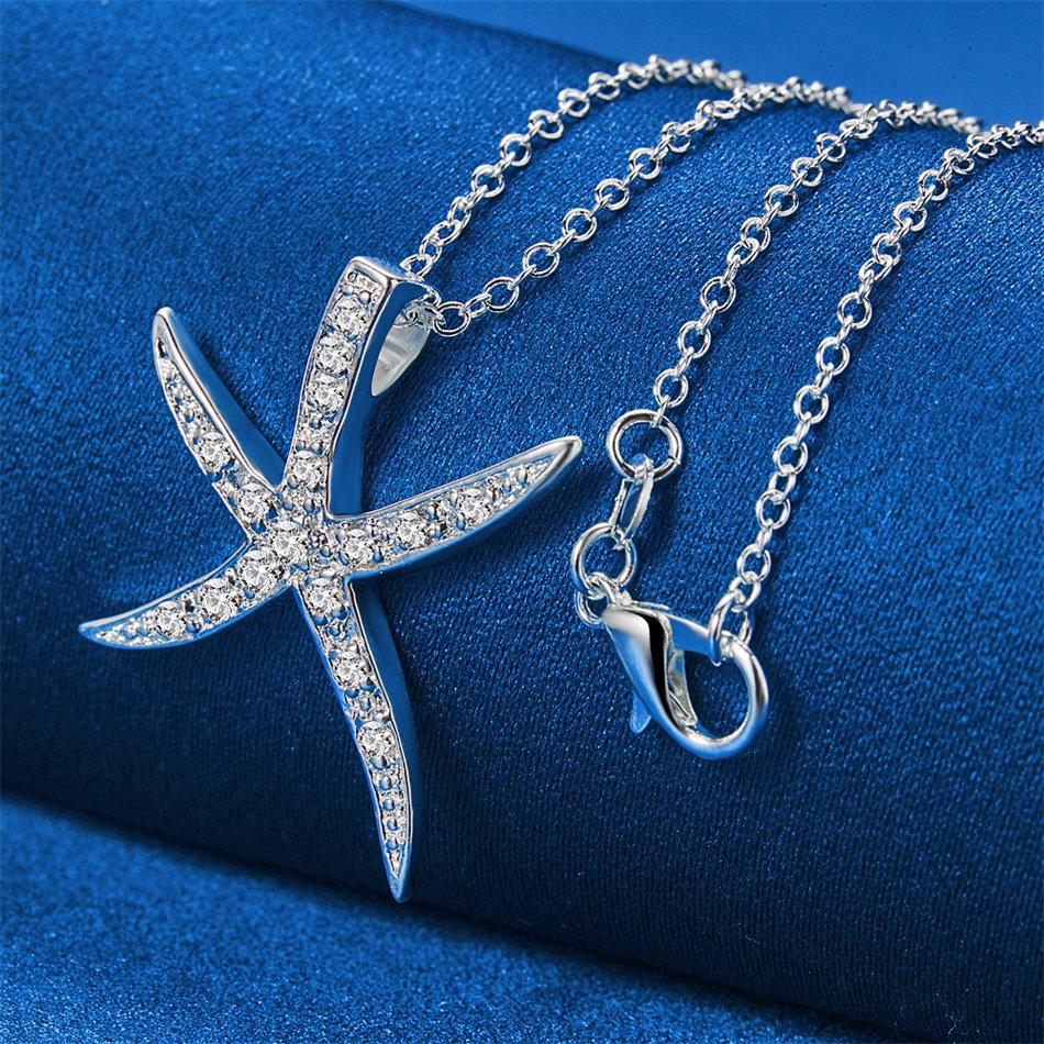 925 Sterling Silver 16-30 Inch Exquisite Starfish Zircon Pendant Necklace, Women's Wedding Accessories Gift, Fashionable Jewelry