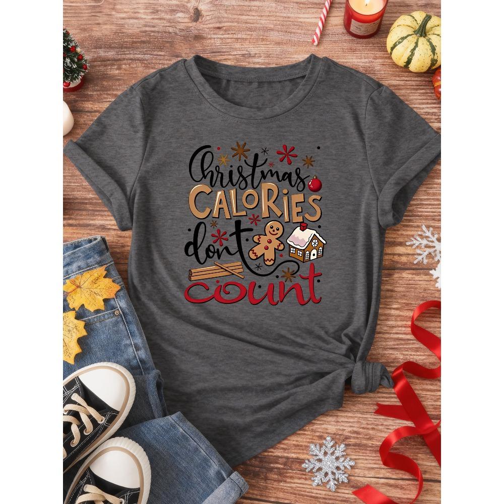 Christmas Fun Short Sleeves, Gingerbread Man Hut, Ins Style Cute Simple Large Size Slim Top