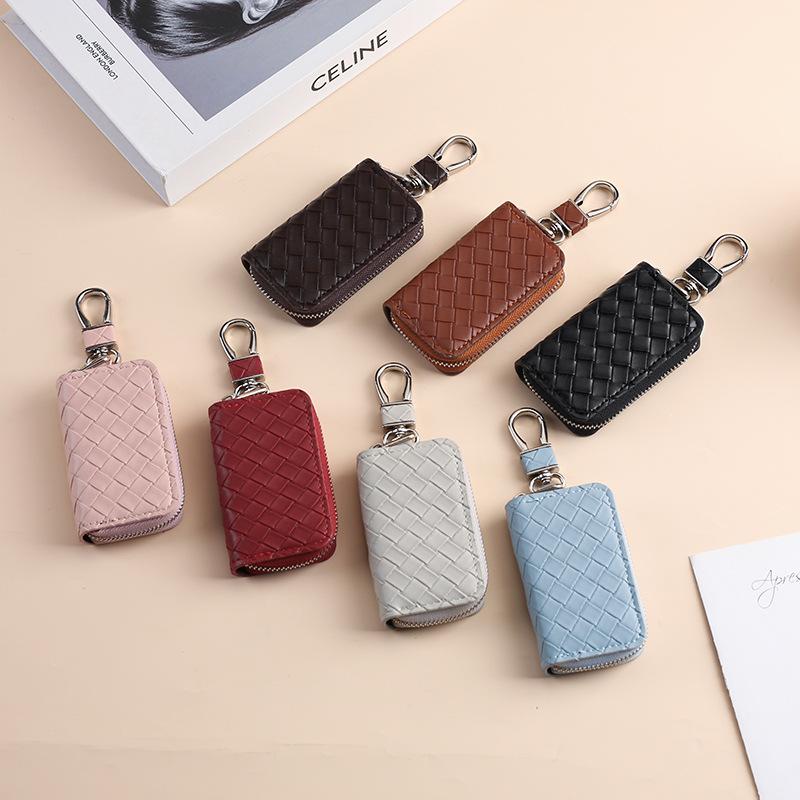 Woven Pattern Car Key Case for Men Large Capacity Zipper Key Organizer Pouch for Women Keychain Car Key Holder Car Accessories