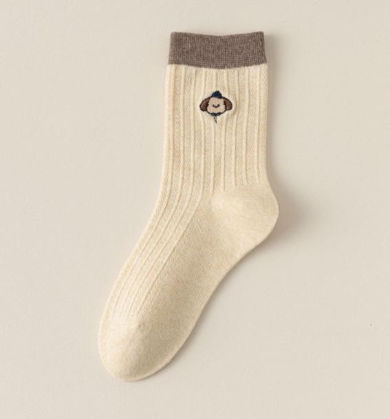 Puppy Embroidered Women's Mid-Calf Cotton Socks - Odor-Resistant, Anti-Pilling, Color Block Cartoon Style for Spring/Autumn
