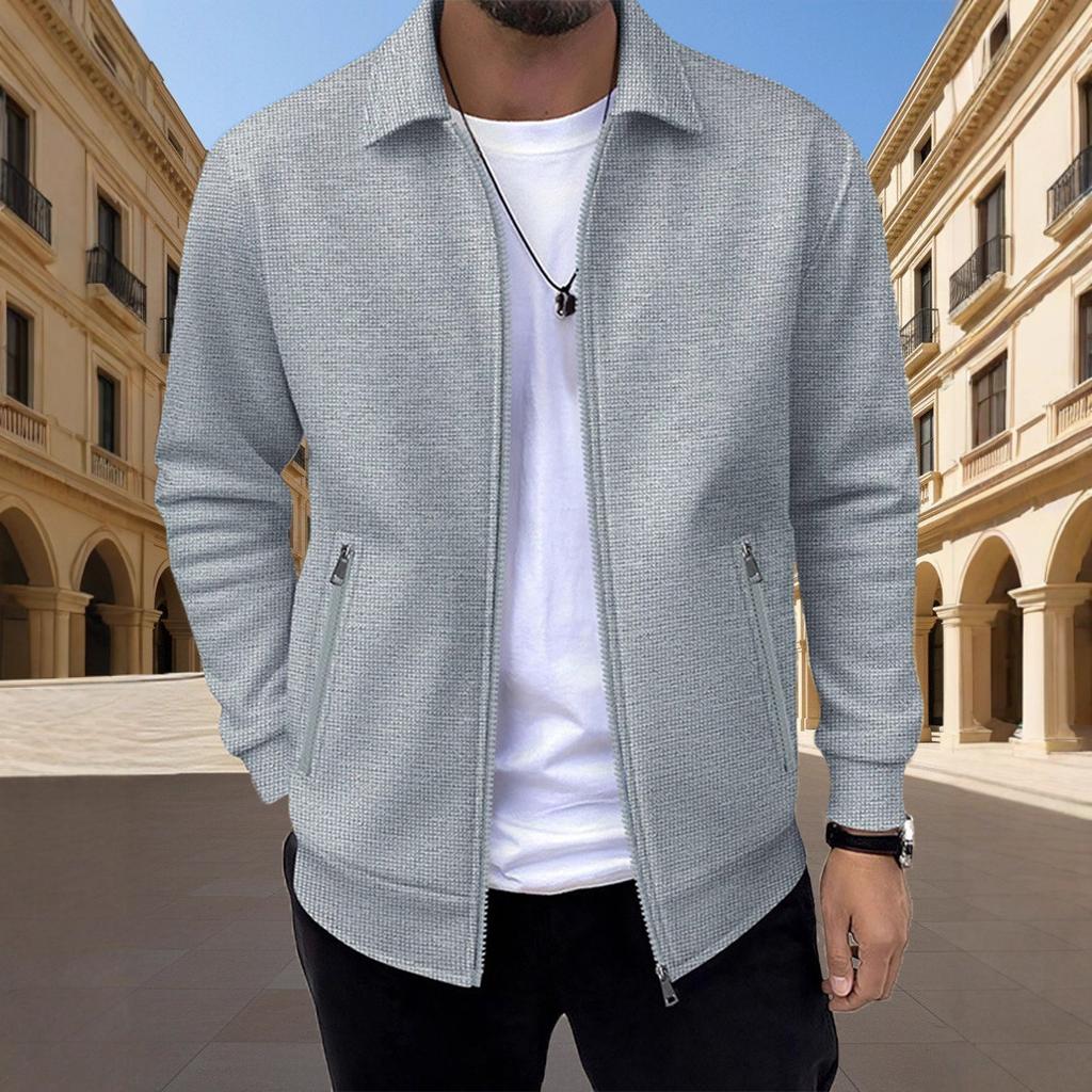 2025 Herren Frühling und Herbst Reißverschlusstasche Revers Einfarbig Lässige Slim Strickjacke Herrenjacke Mantel
