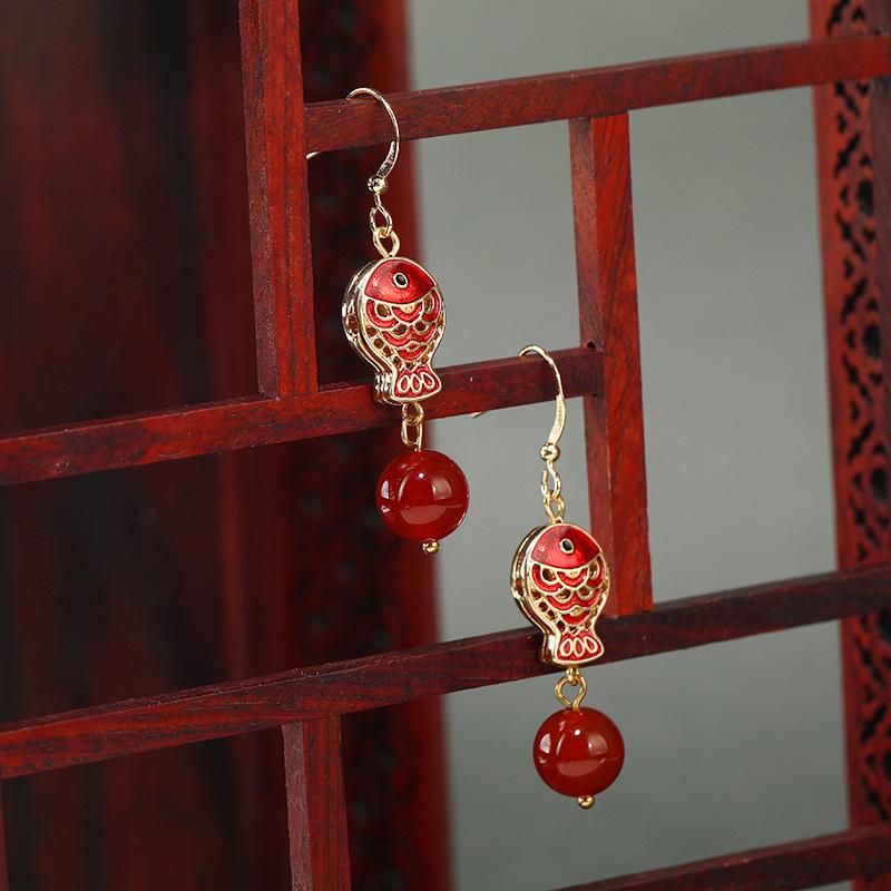 Boucles d'oreilles vintage style chinois poisson rouge koi design de niche féminité style ethnique boucles d'oreilles en jade boucles d'oreilles tendance