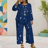 Women Plus Size Two Piece Pants Set Round Neck Long Sleeve Printed Dark Blue Layered Top Wide Leg Pants