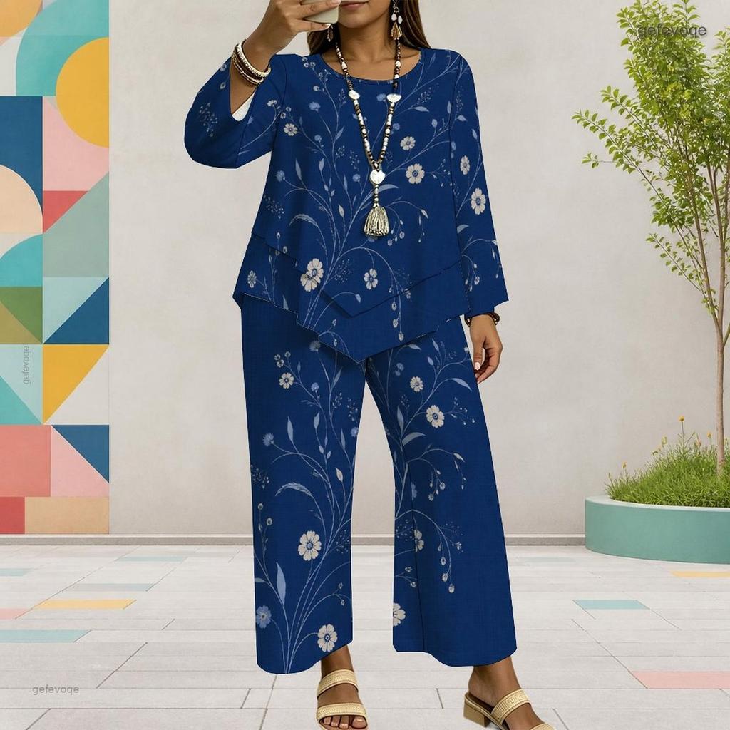 Women Plus Size Two Piece Pants Set Round Neck Long Sleeve Printed Dark Blue Layered Top Wide Leg Pants