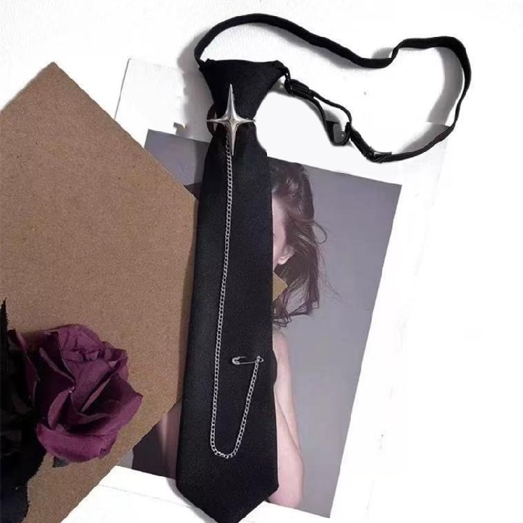 Men Women Crosses Pin Chain Tie for School Event and Casual Dates Adjustable Pre Tied Black Necktie Uniform Neckwear