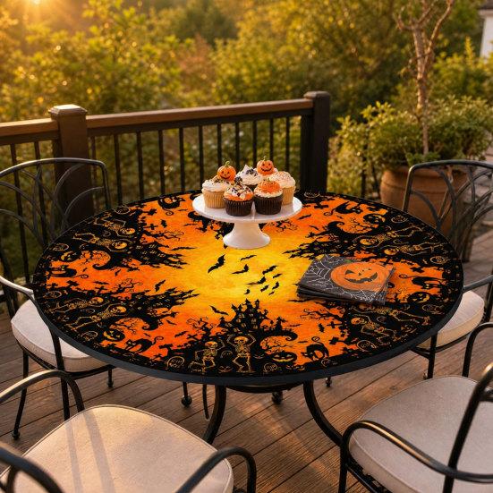 Halloween Round Tablecloth with Elastic Edge Spooky Pumpkin Skull Printed