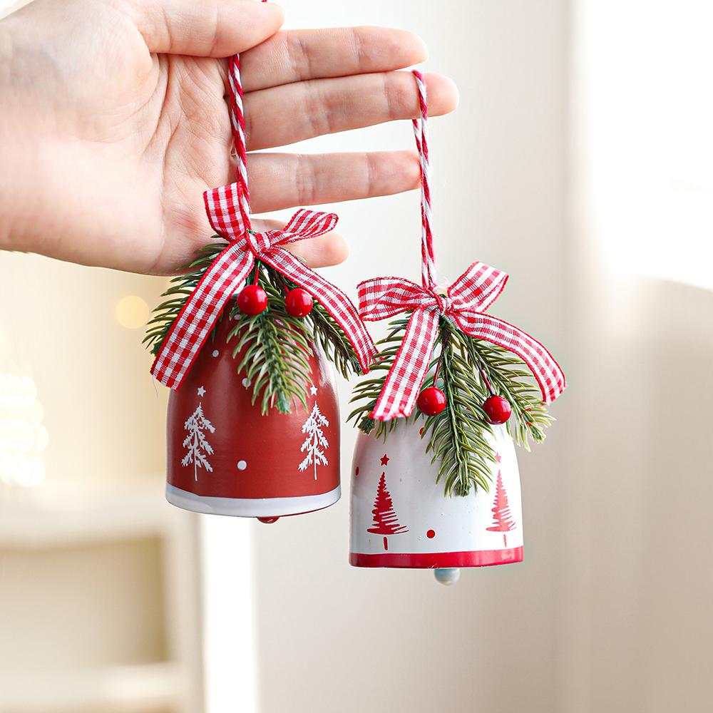 Rustic Christmas Bell Ornaments with Artificial Pine And Red Berries Vintage Metal Jingle Bells Hanging Decoration for Tree