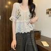 Camicetta da Donna a Maniche Corte in Chiffon Ricamo Floreale Retrò Francese Intreccio Traforato Top Stile Etnico Estivo