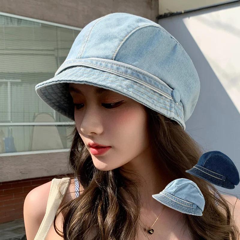 Solid Color Denim Pile Caps for Women Retro Korean Girl Loose Painter Caps Streetwear Outdoor Sun Visor Hats