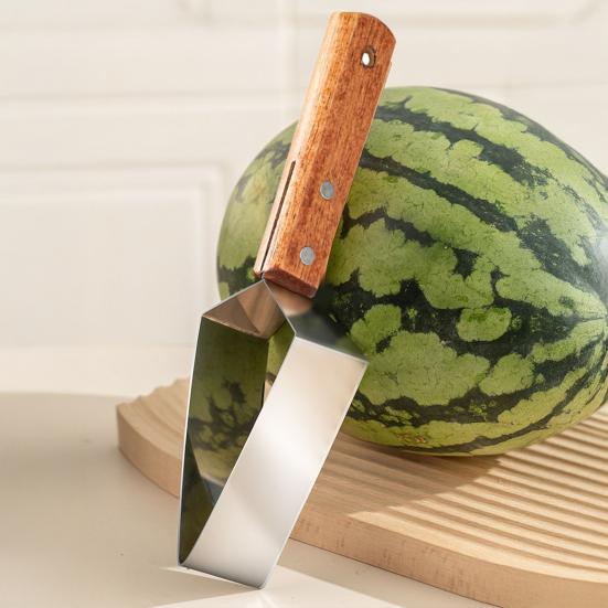 Wassermelonenschneider Edelstahl Wassermelonen-Schneidewerkzeug mit Holzgriff Ergonomischer Obstschneider für Wassermelone Cantaloupe Äpfel Leicht zu reinigen Küche