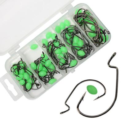 50-Piece Texas Rig Fishing Hook Set Soft Bait Hooks Luminous Bead Black Nickel Wide-bellied Crank Hook Set Box