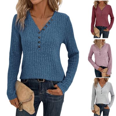 Herbst und Winter neue Damenbekleidung V-Ausschnitt Knopf einfarbig Langarm T-Shirt Frauen
