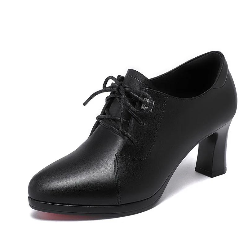 Thick Bottom Soft Leather Oxford Shoes British Lace up Women Platform Pumps 2025 Deep Mouth Block High Heels Shoes Office Mom