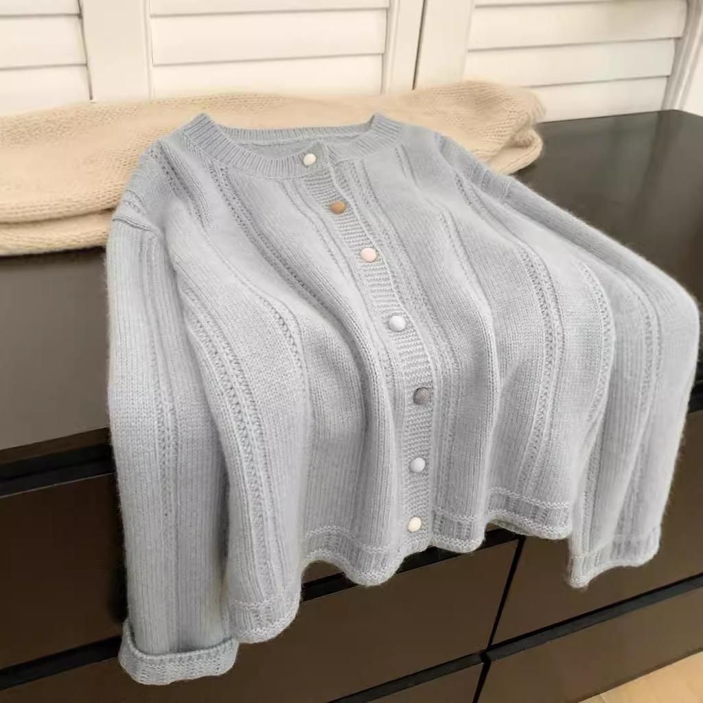 Round Neck Hollowed Out Knitted Cardigan Women's Spring and Autumn Lazy Style High-end Sweater Jacket Top