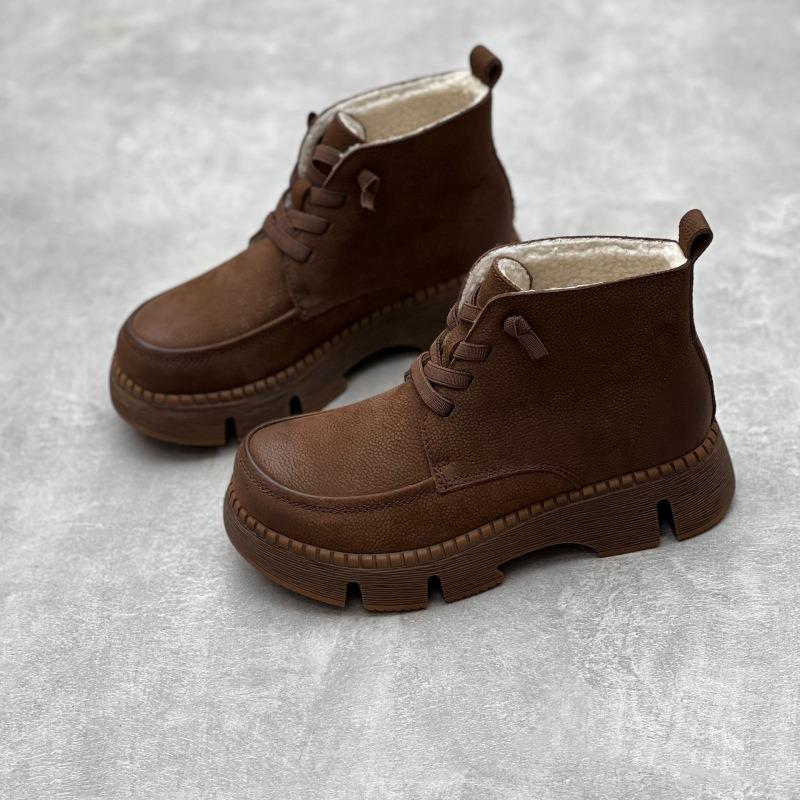 Casual Sneakers Women Genuine Leather Round Toe Lace-up High Top Ladies Retro Fashion Flat Shoes Handmade Women's Ankle Boots