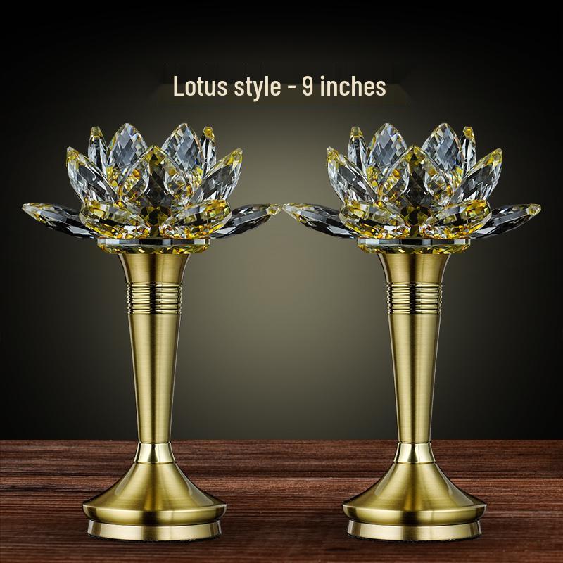 Copper LED Crystal Lotus Multi-Color Buddha Offering Lamp for Home Worship