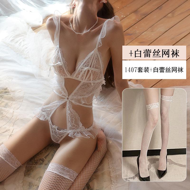 Erotic Lingerie Sexy one-piece Dress Women's halter Lace Seductive See-through Pure Desire Uniform no need to Take off Pajamas 1407