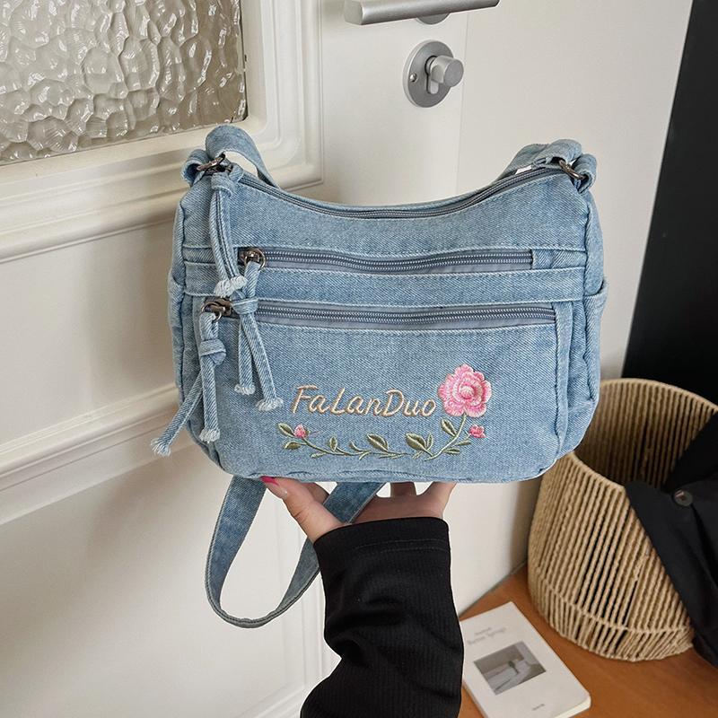 Jeansowa Haftowana Torba na Ramię Damska Torebka Miejska Torba Crossbody