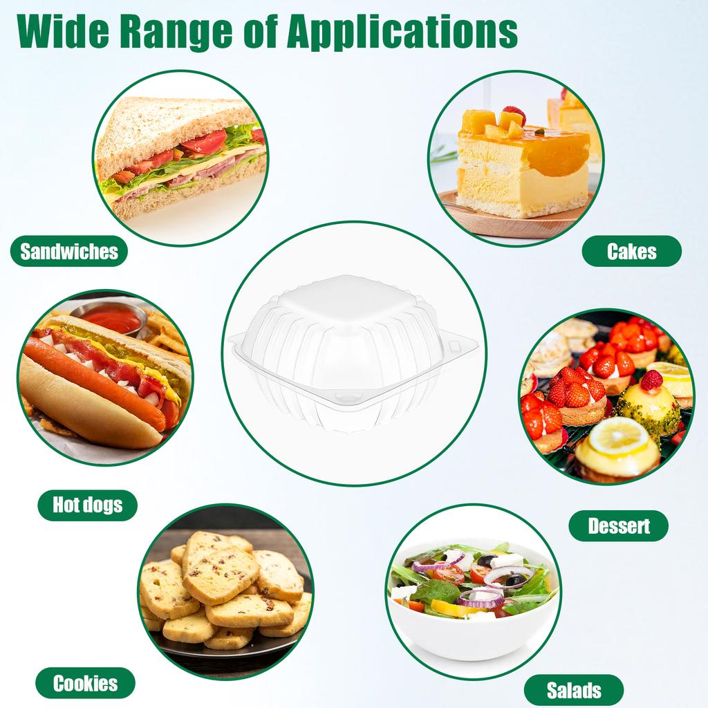 50 Pcs 6X6 Inch Clamshell Take Out Tray Take Out Containers Plastic Hinged Food Containers Disposable Takeout Box Transparent Ca