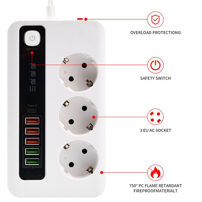 Power Strip EU AC Outlet Socket Multiprise Smart Home Extension Electrical Adapter 3-position TYPE-C USB Charging