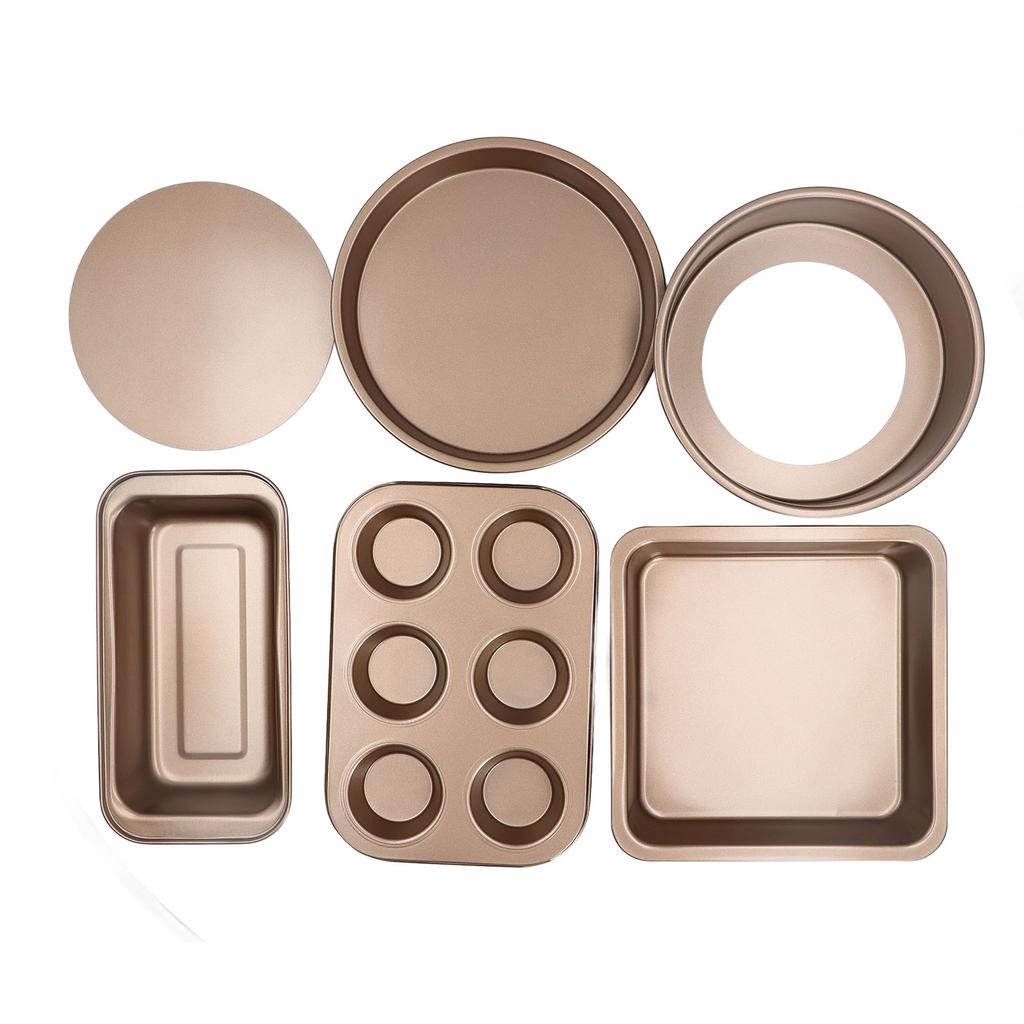 6-teiliges Backform-Set mit losem Boden, Antihaftbeschichtung, Kohlenstoffstahl, Kuchen-, Pizza-, Brotbackform für die Heimküche, Gold