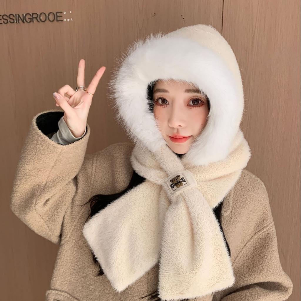 New Plush Hat and Scarf for Women Autumn and Winter New Fashion Plush Warm Ear Protection and Windproof Three Piece Korean Version