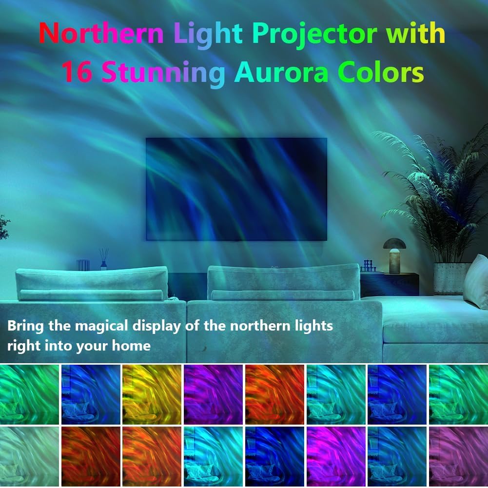 2 In 1 Northern Lights Projector, 16 Color Aurora Night Light Projector,Remote Galaxy Light Projector,USB Recharge Ocean Wave Projector for Playroom
