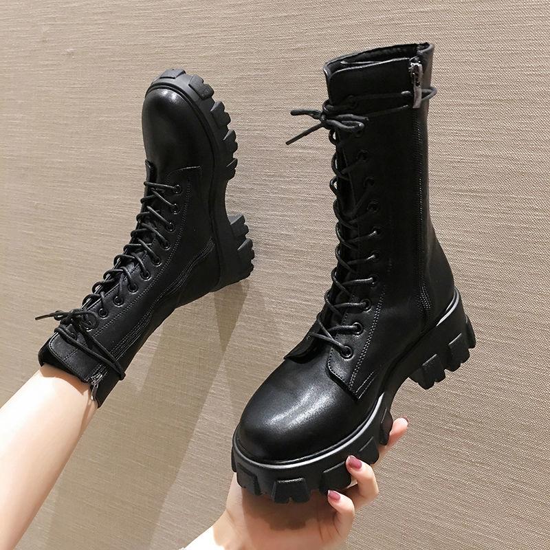 Spring Autumn Black Round Toe Platform Women's Half High Boots Trend  Demi-season New Rock Lace-up Ladies Mid Calf Shoes