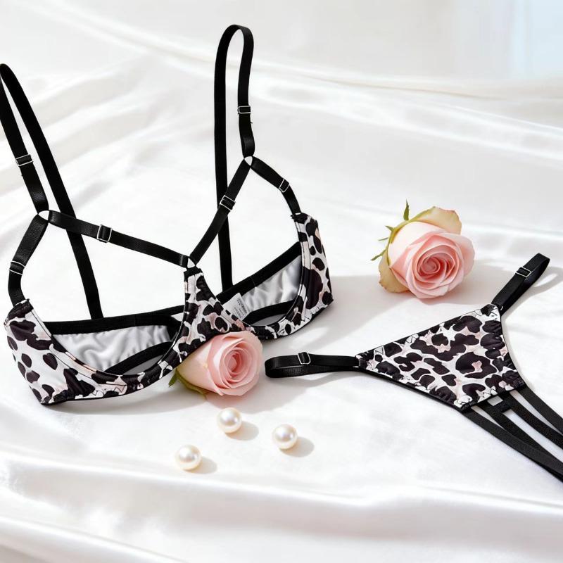 Explosive leopard print hollow sexy lingerie set webbing complex process three-point type S