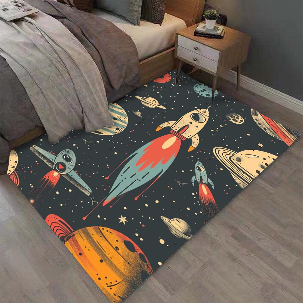 Space Rocket Planet Print Carpet Kids Bedroom Rug Exquisite Non-slip Soft Mat Galaxy Theme Home Decoration Living Room Floor Mat