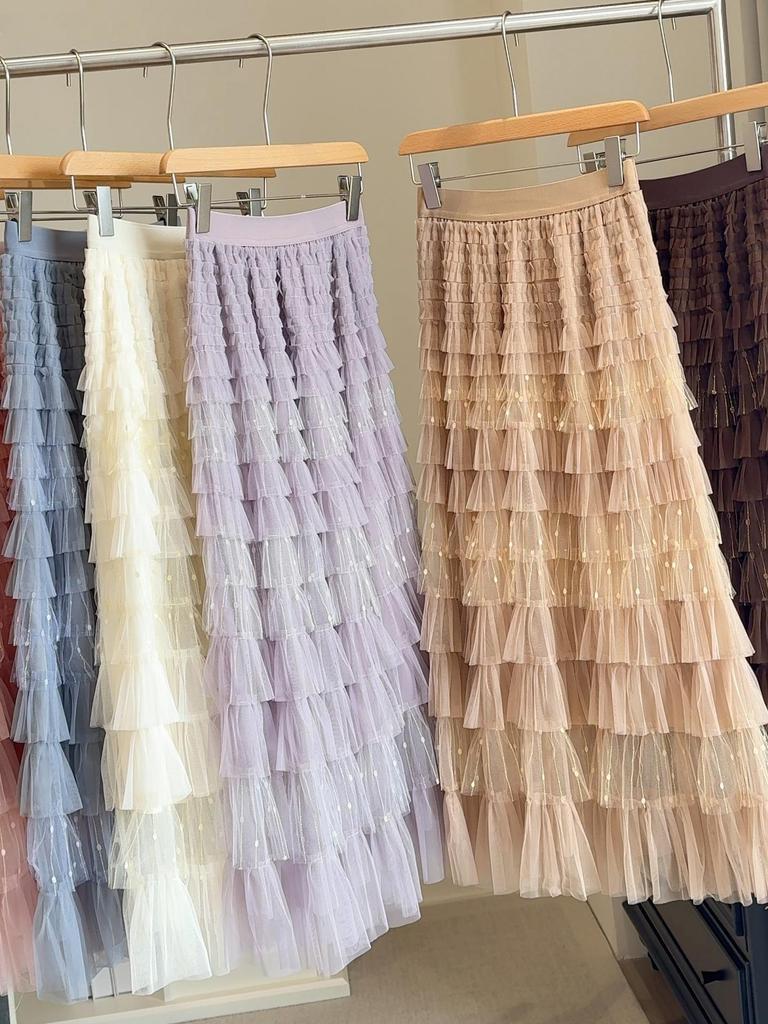 Super Fairy Mesh Patchwork Lurex A-Line Cake Skirt – 2025 Spring/Autumn Fluffy Mid-Length Tulle Skirt
