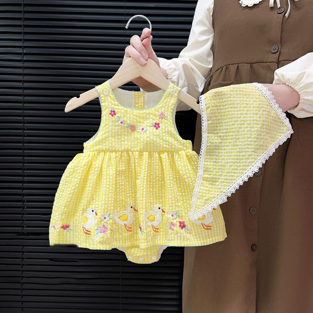 Duck Print Cotton Romper Yellow Gingham Princess Dress Bodysuit Rompers  Summer Outfit