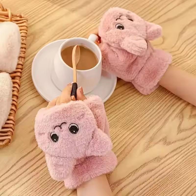 Women Plush Warm Glove Fur Lovely Rabbit Cat Mittens Flip Fingerless Gloves Soft Female Thick Gloves Flexible Half Finger Winter