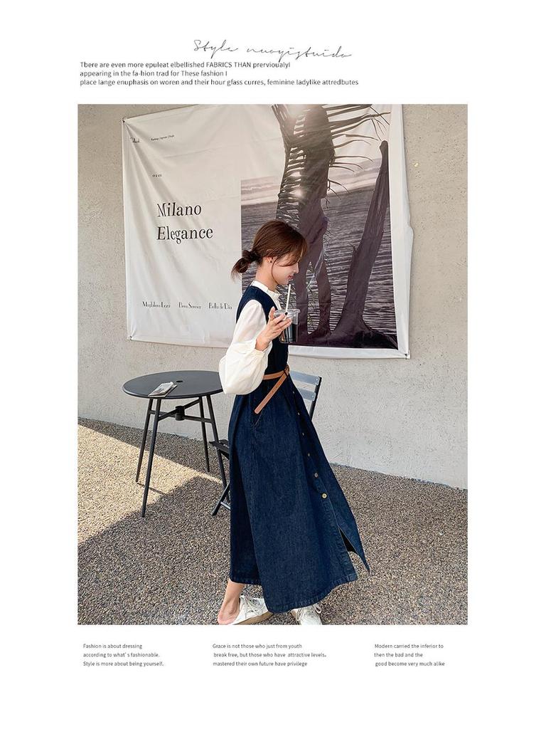 2024 New Hong Kong Style Retro Denim Dress Suit: Long-Sleeve Shirt & Denim Vest Skirt Set