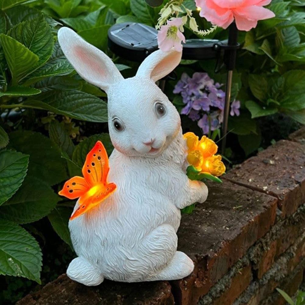 Solar Rabbit Statue Light Cute Bunny Statue Resin Rabbit Figurine Easter Rabbit Sculpture for Patio Yard Lawn