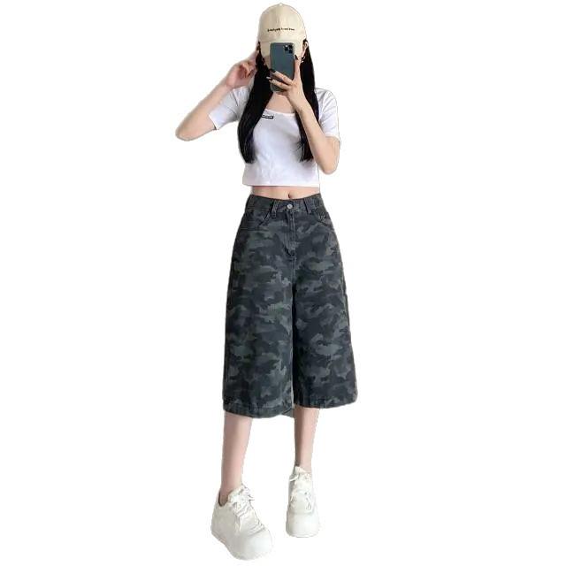 American Camouflage Plus Size Seven-Point Women's Summer Jeans