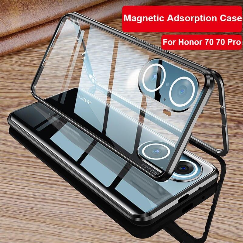 

360 Полностью металлический магнитный чехол для Huawei P40 Pro Plus P50 Honor 80 Алюминиевый бампер Адсорбция Закаленное стекло Крышка телефона Honor 70 Ударопрочный чехол