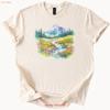 Watercolor Mountain Stream T Shirt Nature Landscape Vintage Homme Fashion Unisex Designer Clothes Stylish Comfortable
