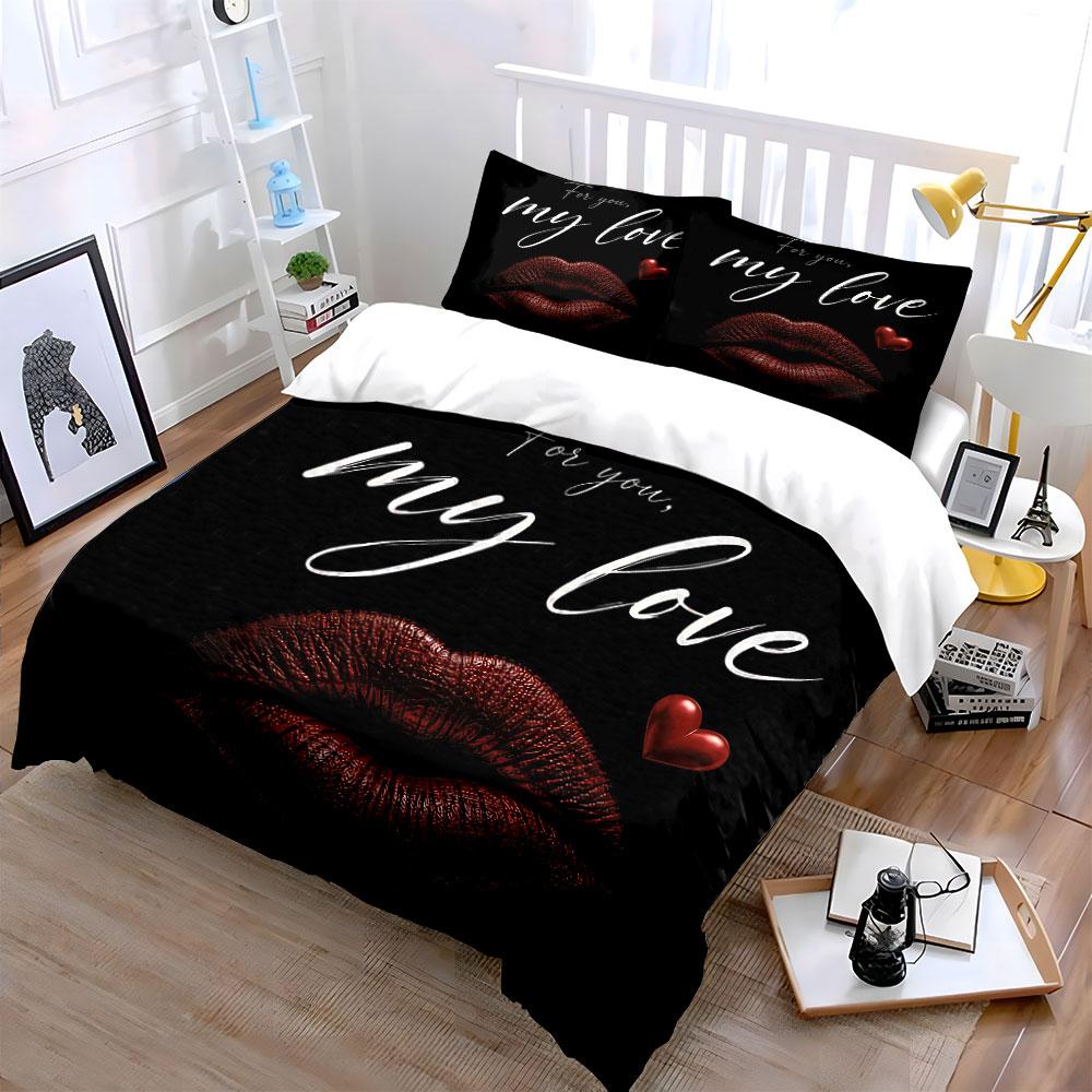 Elegant Red Lips Love Design Bedding Duvet Cover Set Duvet Cover Pillowcases (1*Duvet Cover 2*Pillowcases, without duvet insert)