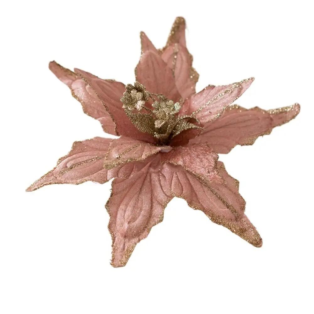 Christmas Gifts Artificial Poinsettia Glitter Flower 21cm Sequin 3D Simulation Magnolia Xmas Tree Decoration Flannel