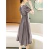 Slim Fit Dress Small Grey French Retro Coffee Break Style New Summer Square Neck Gentle