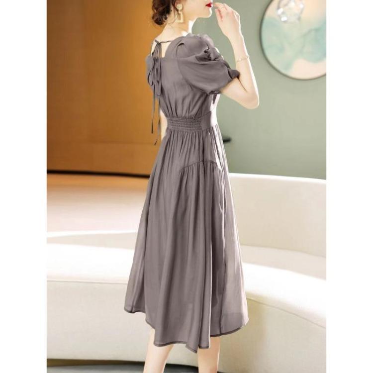 Slim Fit Dress Small Grey French Retro Coffee Break Style New Summer Square Neck Gentle
