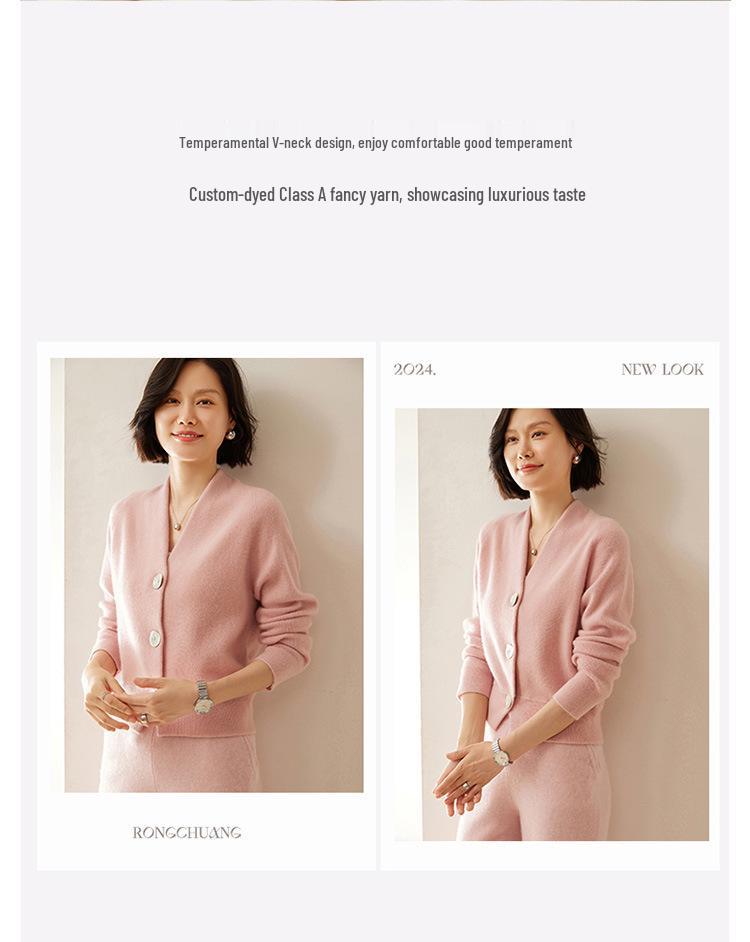 Women's V-Neck Cashmere Cardigan with Shell Buttons - Waist-Cinching, Long-Sleeve Knit Sweater