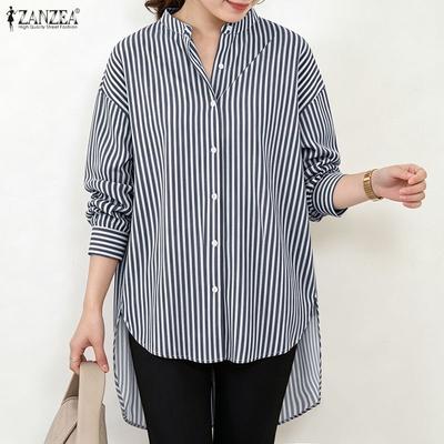 Women Casual Stand Collar Loose Long Sleeve Stripe Blouse