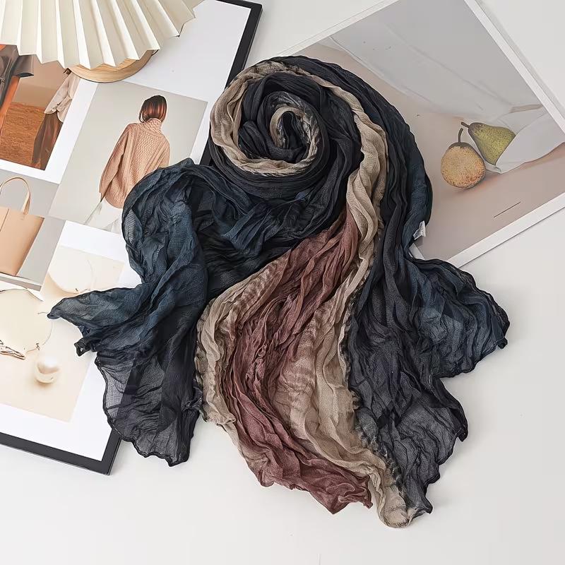 Gradient Blue Cotton-Linen Scarf: Retro Versatile Print, Long Pleated Women's Accessory for Autumn/Winter