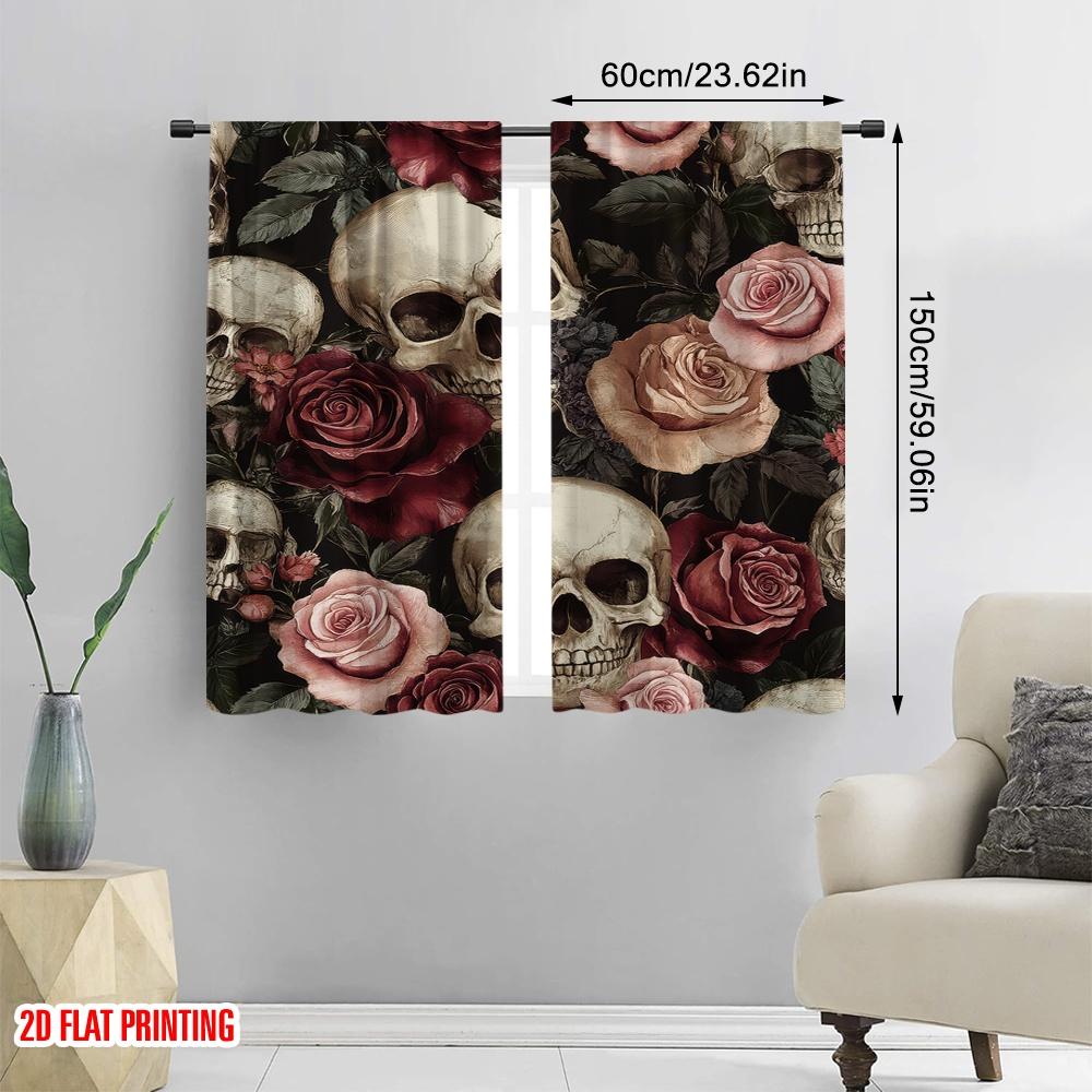 Flat Printing Curtains Gothic Skull Polyester Without Electricity Family Party Suitable Living Room Outdoor Decor Set Of 2 Made