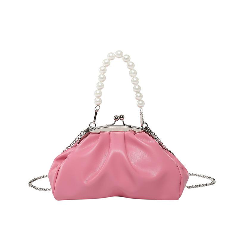 Pearl Handle Bag Trendy Shoulder Handbag Faux Leather Handbag Spacious Ruched Clutch Bag For Date Everyday Use Wedding