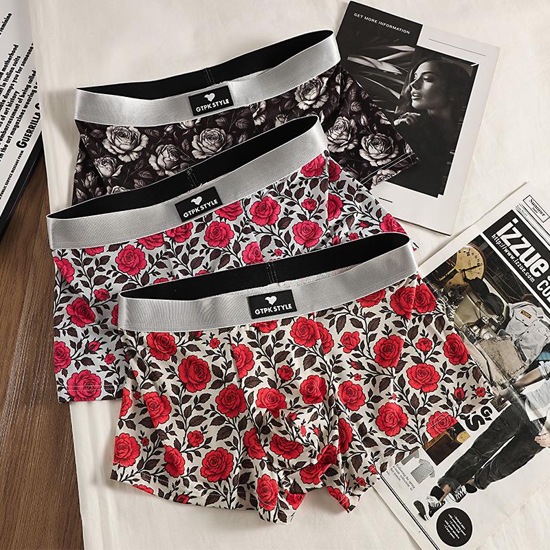 New Men's Ice Silk Mid-Rise Breathable Boxer Briefs with Print