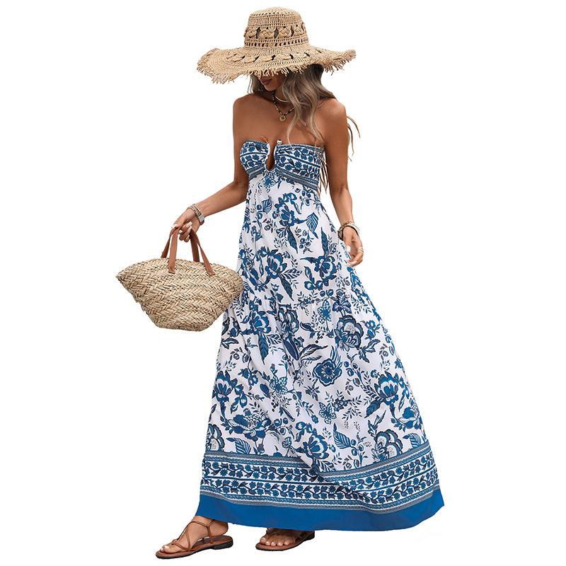 [Baizhinyi] New ethnic retro vacation style tube top sleeveless geometric printing dress